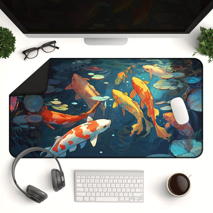 Home Decor - A computer setup with a keyboard, mouse, large Koi Fish Desk Mat – Large Japanese - Inspired Mouse Pad for Office & Gaming featuring colorful koi fish on a dark water background, headphones, glasses, and a potted plant. The desk mat showcases vibrant red, orange, and white koi swimming among lily pads. - Kaladyn Designs