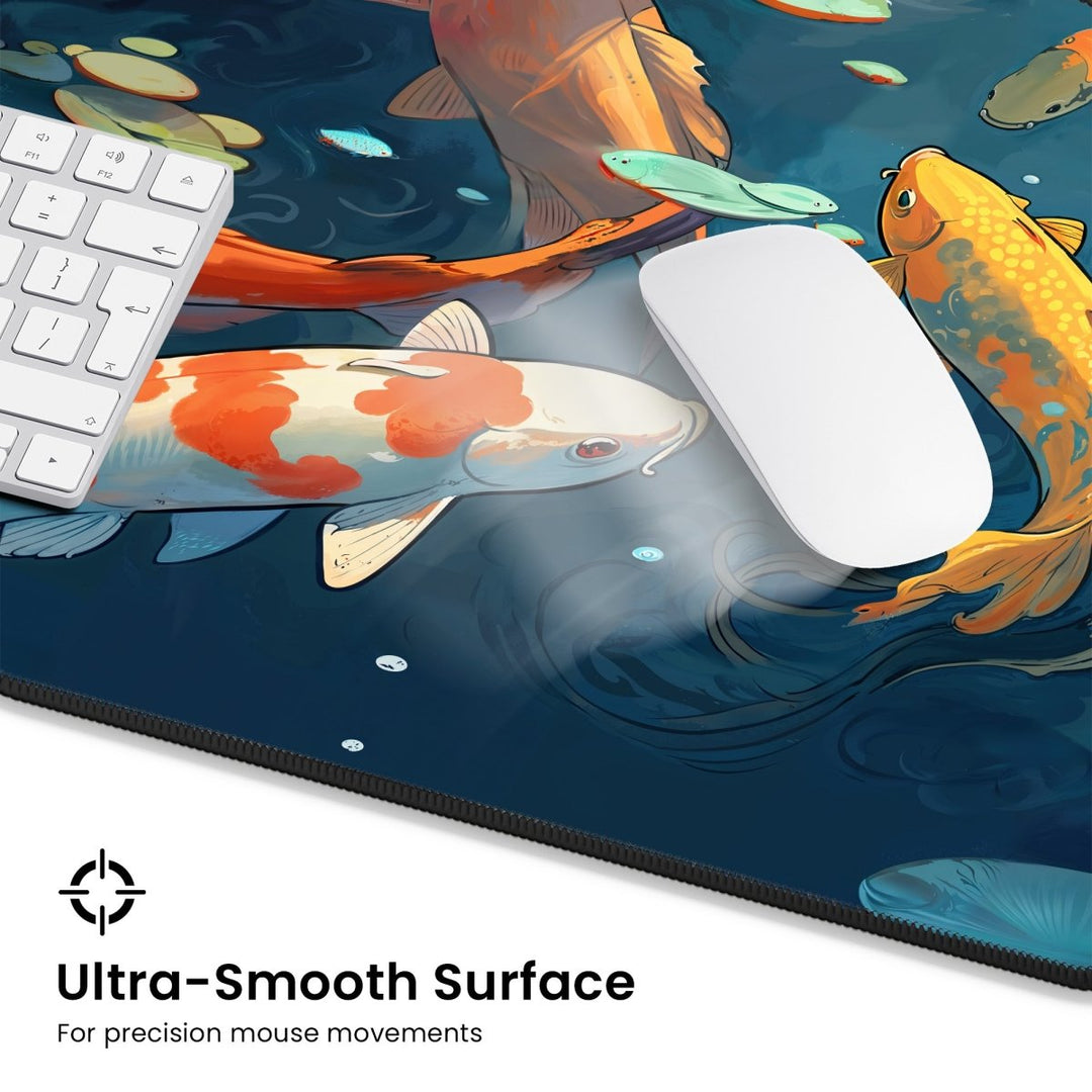 Home Decor - A white computer mouse and keyboard rest on the Koi Fish Desk Mat – Large Japanese - Inspired Mouse Pad for Office & Gaming, featuring koi fish swimming on a blue background. Text at the bottom left corner reads, "Ultra - Smooth Surface for precision mouse movements. - Kaladyn Designs