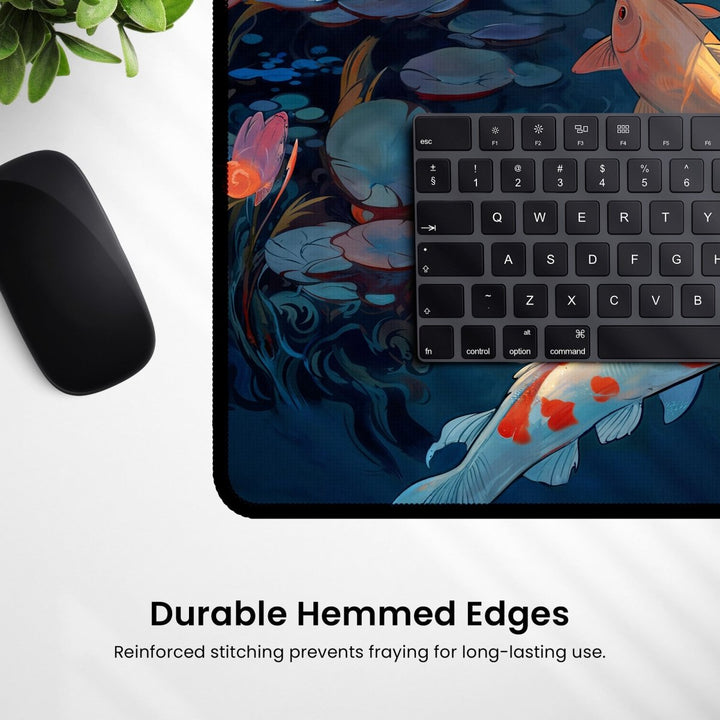 Home Decor - A section of a computer keyboard rests on the vibrant Koi Fish Desk Mat – Large Japanese - Inspired Mouse Pad for Office & Gaming, adorned with floral designs. A black mouse is partially visible on the left side. The text "Durable Hemmed Edges - Reinforced stitching prevents fraying for long - lasting use" appears at the bottom, highlighting its Japanese - inspired craftsmanship. - Kaladyn Designs