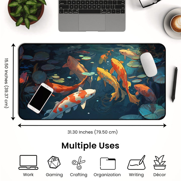 Home Decor - Desk setup featuring the Koi Fish Desk Mat – Large Japanese - Inspired Mouse Pad for Office & Gaming with dimensions of 31.30 inches by 15.50 inches, showcasing koi fish swimming amid lily pads in a vibrant Japanese - inspired design. Additional items on the desk include a laptop, smartphone, mouse, notebook, coffee cup, and plant. Ideal for work, gaming, crafting, organization, writing, and décor. - Kaladyn Designs