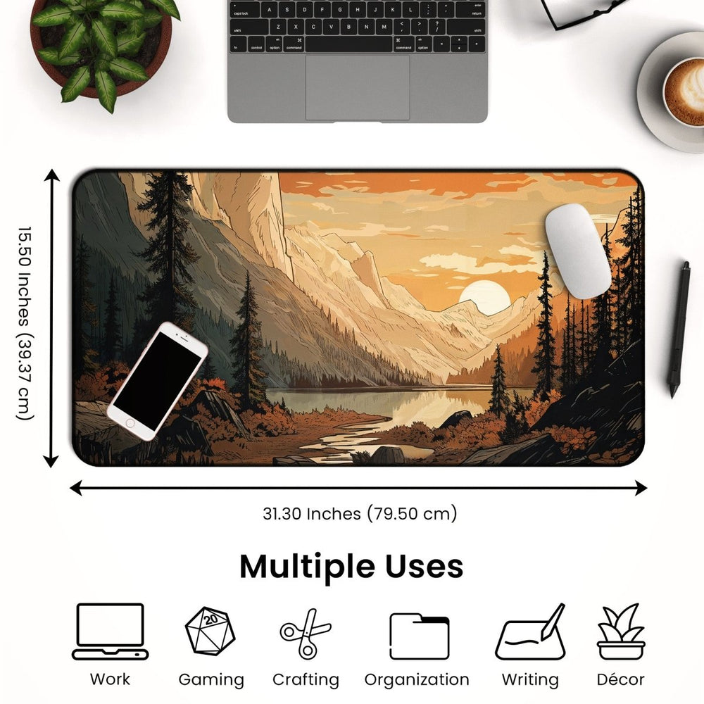 Home Decor - The Mountain Desk Mat – Large Nature Desk Mat for Gaming & Office is a nature - themed, durable neoprene desk setup featuring a scenic forest and valley design. On the mat are a smartphone and mouse. Measuring 31.30 inches by 15.50 inches, it's suitable for work, gaming, crafting, organization, writing, and décor—perfect for nature - inspired decor lovers. - Kaladyn Designs