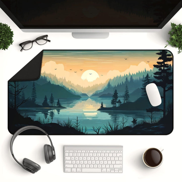 Home Decor - A computer desk setup featuring a monitor, keyboard, mouse, and headphones is complemented by the Mountain Desk Mat, a large nature - inspired mouse pad that elegantly displays an artistic landscape of mountains, trees, and a setting sun reflected in a lake. A cup of coffee and two small plants enhance the serene ambiance of the workspace. - Kaladyn Designs