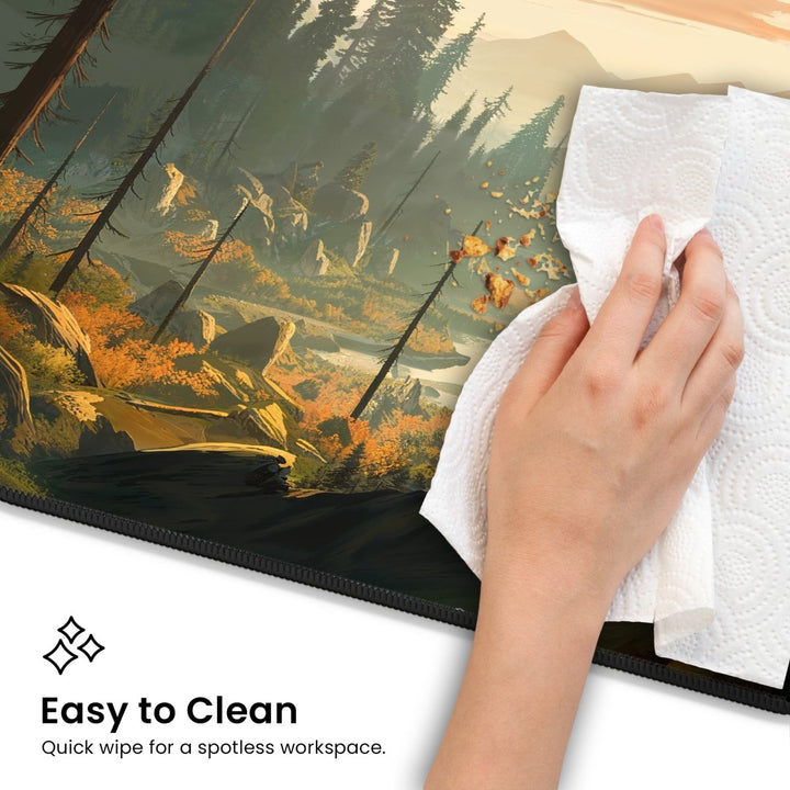 Home Decor - A hand wiping the Mountain Desk Mat – Large Nature Mousepad for Gaming & Office with a paper towel. The mousepad features a nature scene with a river, rocks, trees, and mountains. Text in the bottom left corner reads, "Easy to Clean - Quick wipe for a spotless workspace." Perfect for gamers who value nature design. - Kaladyn Designs