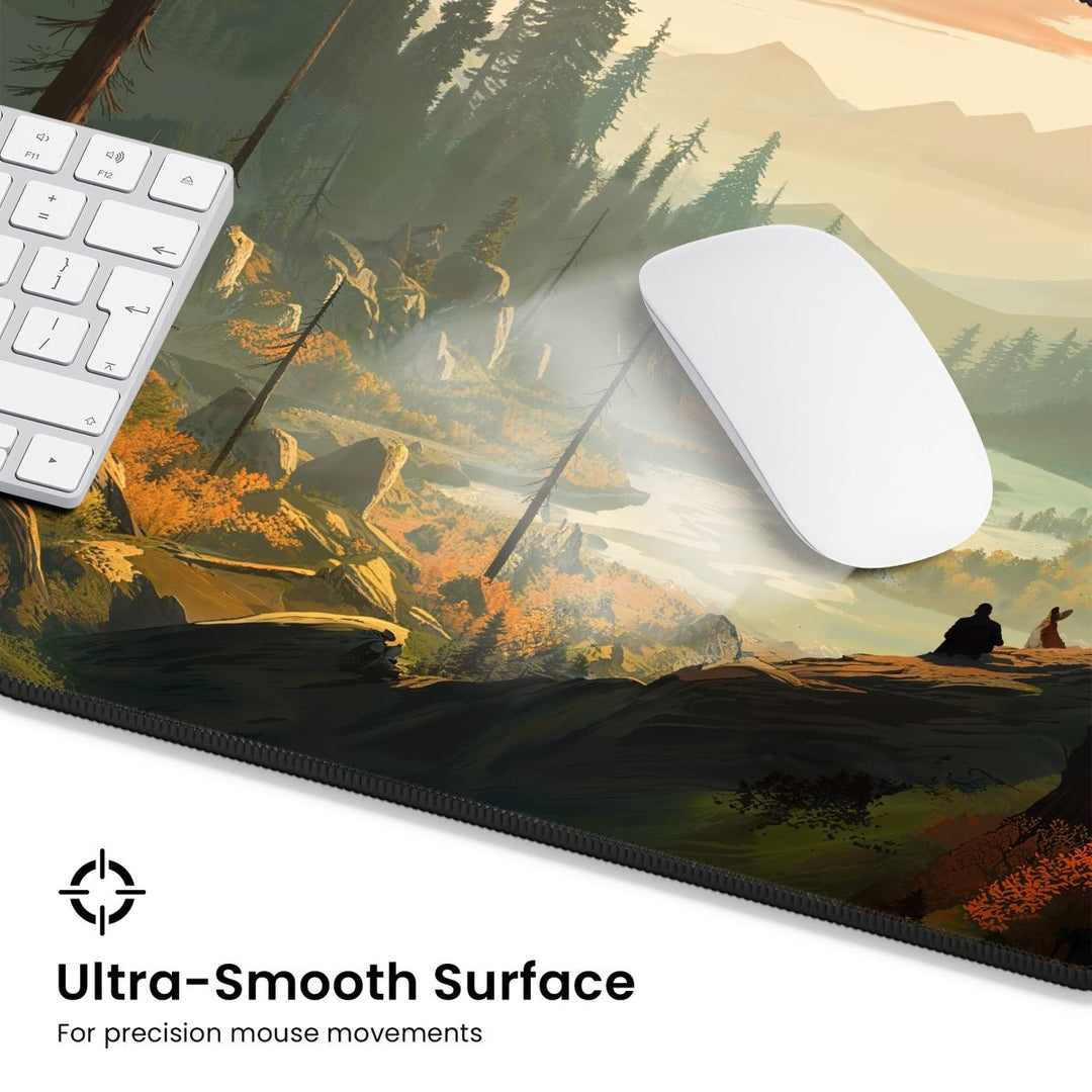 Home Decor - A white computer mouse and a portion of a keyboard rest on the Mountain Desk Mat – Large Nature Mousepad for Gaming & Office, featuring a scenic landscape of a forest with mountains in the background. The text at the bottom reads "Ultra - Smooth Surface for precision mouse movements," making this gaming accessory both functional and beautifully designed with nature decor. - Kaladyn Designs