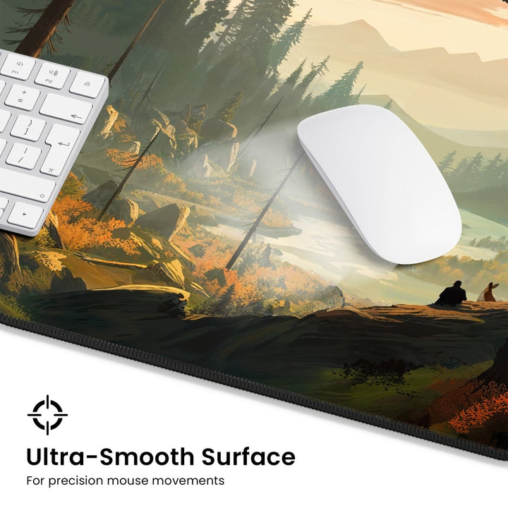 Home Decor - A white computer mouse and a portion of a keyboard rest on the Mountain Desk Mat – Large Nature Mousepad for Gaming & Office, featuring a scenic landscape of a forest with mountains in the background. The text at the bottom reads "Ultra - Smooth Surface for precision mouse movements," making this gaming accessory both functional and beautifully designed with nature decor. - Kaladyn Designs