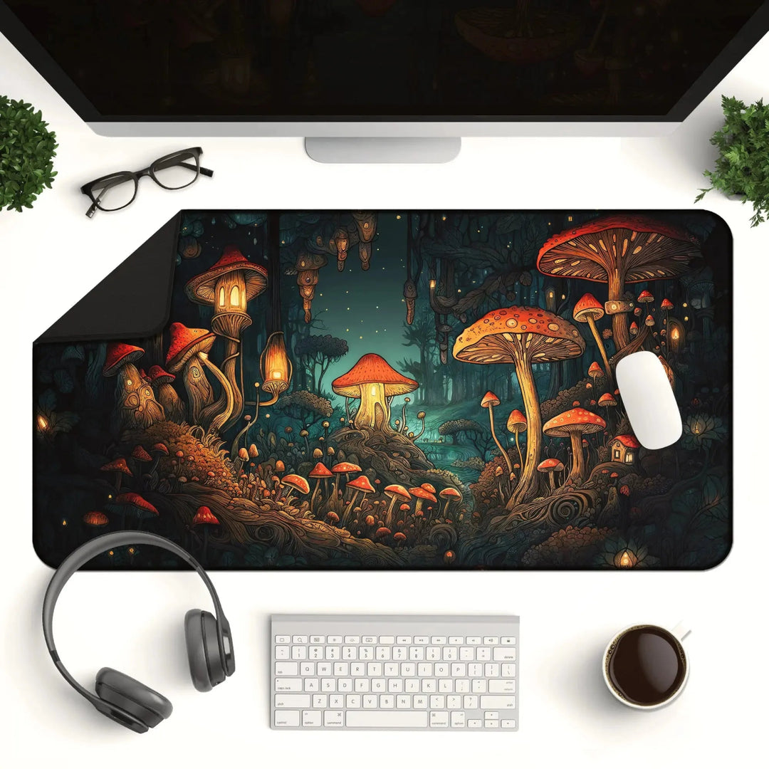 A computer desk setup with a dark cottagecore twist featuring the Mushroom Forest Desk Mat – Dark Cottagecore Witchy Gaming Mouse Pad & Tarot Mat, illuminated by large, glowing mushrooms. The desk includes a monitor, keyboard, coffee cup, headphones, glasses, and potted plants—all creating a whimsical, cozy gaming setup.
