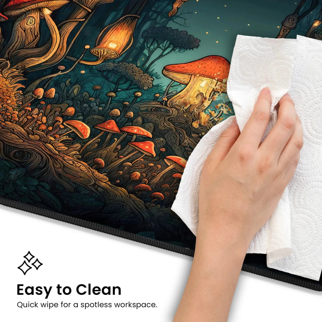 A hand wiping the Mushroom Forest Desk Mat – a vibrant, mushroom-themed surface – with a paper towel. The mat features various colorful mushrooms in an enchanted forest design, ideal for a dark cottagecore gaming setup. Below the image, text reads "Easy to Clean. Quick wipe for a spotless workspace.