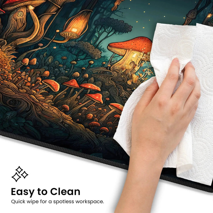 A hand wiping the Mushroom Forest Desk Mat – a vibrant, mushroom-themed surface – with a paper towel. The mat features various colorful mushrooms in an enchanted forest design, ideal for a dark cottagecore gaming setup. Below the image, text reads "Easy to Clean. Quick wipe for a spotless workspace.