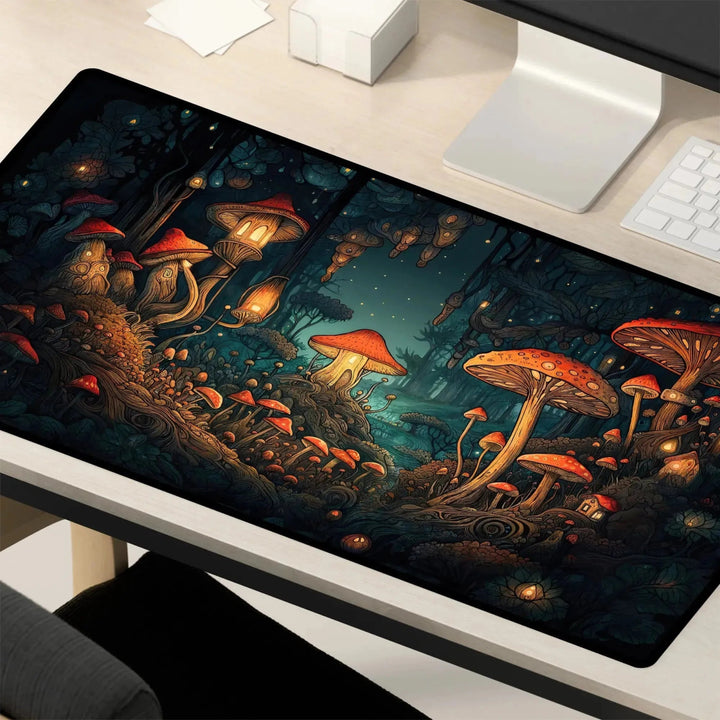 A desk setup with a computer, keyboard, mouse, and the Mushroom Forest Desk Mat – Dark Cottagecore Witchy Gaming Mouse Pad & Tarot Mat, featuring glowing mushrooms, gnome-like houses, and a mystical forest under a starry sky. This dark cottagecore theme adds a vibrant and imaginative touch to the gaming setup.