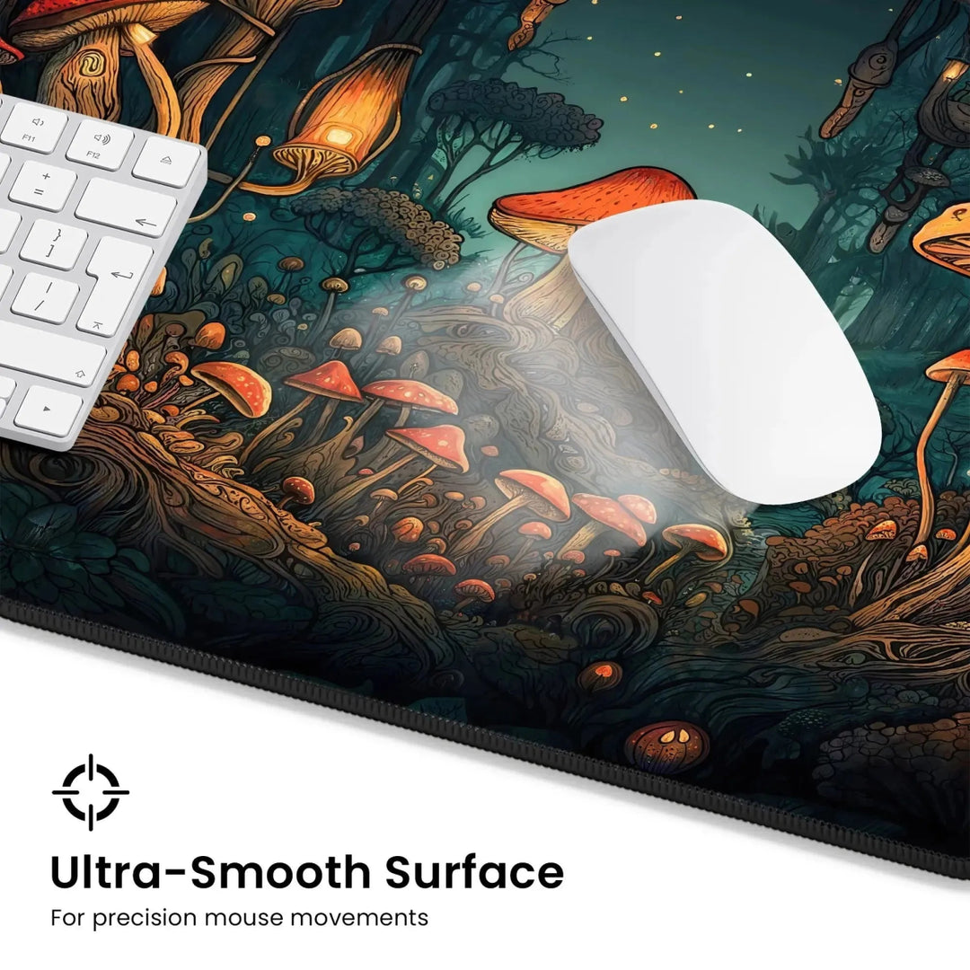 The Mushroom Forest Desk Mat – Dark Cottagecore Witchy Gaming Mouse Pad & Tarot Mat showcases a colorful, detailed scene of a whimsical forest with mushrooms and glowing lanterns. A white computer mouse on the pad sits next to a keyboard, perfectly blending into your dark cottagecore gaming setup. Text reads: "Ultra-Smooth Surface - For precision mouse movements.