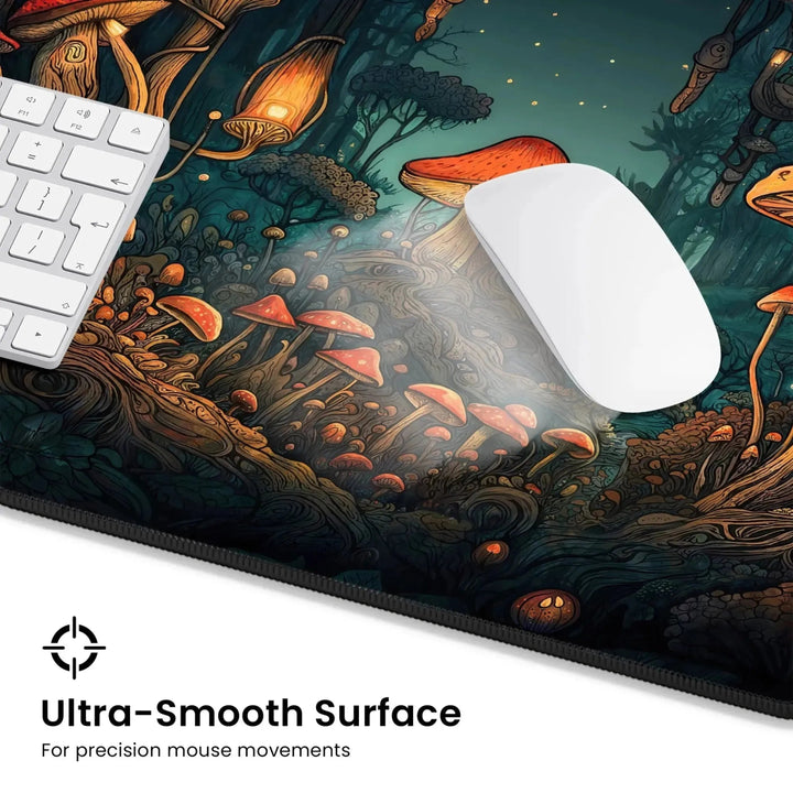 The Mushroom Forest Desk Mat – Dark Cottagecore Witchy Gaming Mouse Pad & Tarot Mat showcases a colorful, detailed scene of a whimsical forest with mushrooms and glowing lanterns. A white computer mouse on the pad sits next to a keyboard, perfectly blending into your dark cottagecore gaming setup. Text reads: "Ultra-Smooth Surface - For precision mouse movements.