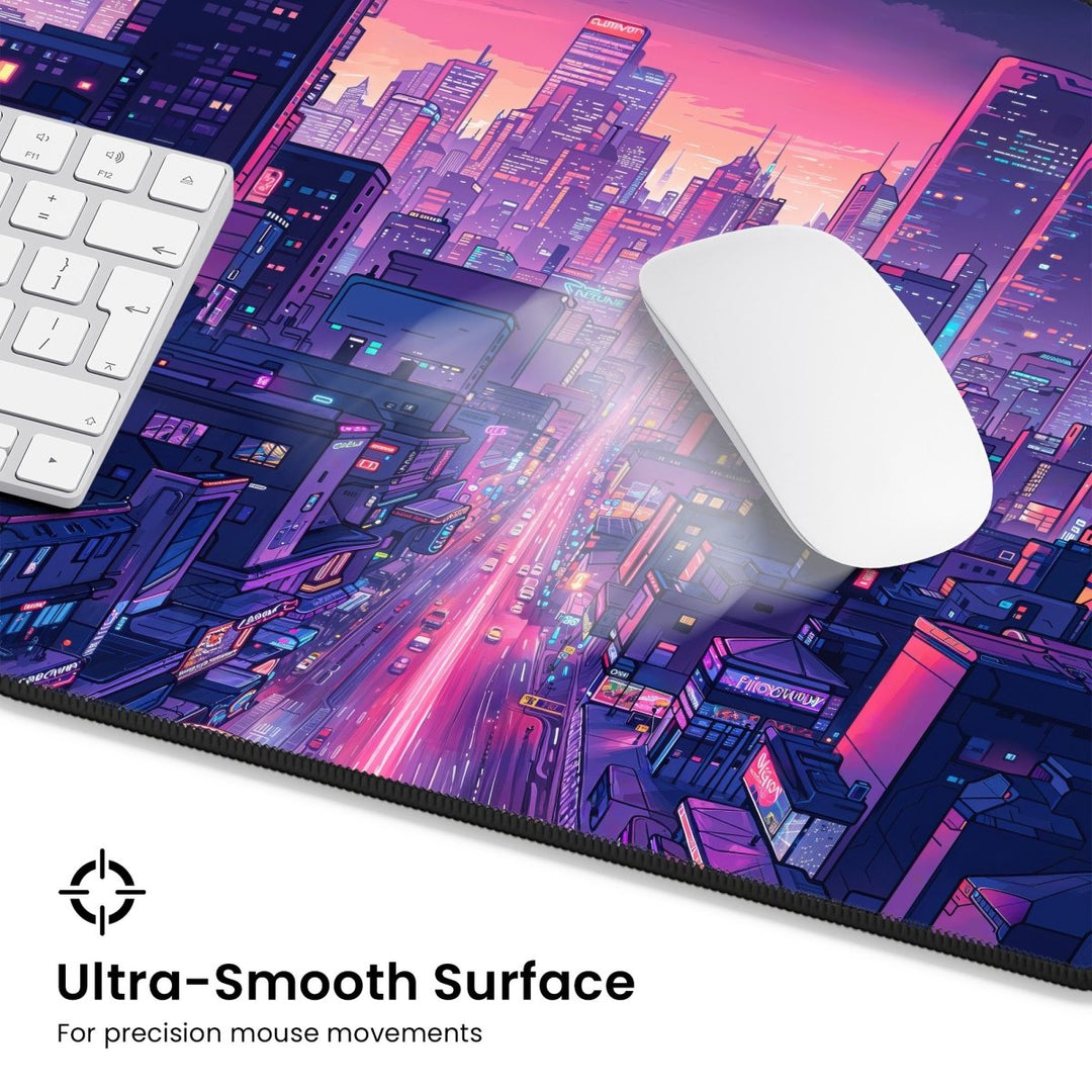 Home Decor - A white mouse and keyboard rest on the Neon City Desk Mat, an Anime Gaming Mouse Pad that features a vibrant vaporwave aesthetic with futuristic city views in pinks and purples. At the bottom, the text reads, "Ultra - Smooth Surface: For precision mouse movements. - Kaladyn Designs