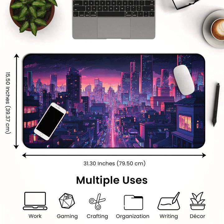 Home Decor - The expansive Neon City Desk Mat - Anime Gaming Mouse Pad & Vaporwave Aesthetic Decor graces the desk, showcasing a cityscape during sunset alongside a laptop, coffee cup, and potted plant. This mat, measuring 31.30 by 15.50 inches, includes icons below highlighting its various uses. - Kaladyn Designs