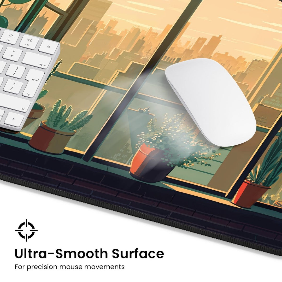 Home Decor - A white computer mouse rests on a Plant Desk Mat, beautifully illustrated with a scenic view of potted plants by large windows. A portion of a white keyboard is visible. The text highlights, "Ultra - Smooth Surface for precision mouse movements," enhancing your workspace decor with its nature - inspired theme—ideal for plant lovers. - Kaladyn Designs