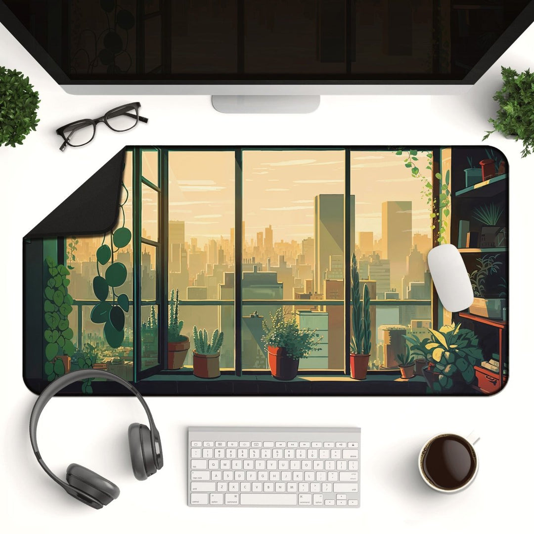 Home Decor - A desktop setup includes a white desk adorned with the "Plant Desk Mat | Nature - Inspired Workspace Decor," offering botanical elegance. The scene is complemented by large floor - to - ceiling windows showcasing a cityscape view surrounded by lush greenery. On the desk are also a computer monitor, keyboard, mouse, headphones, glasses, and two small potted plants. - Kaladyn Designs