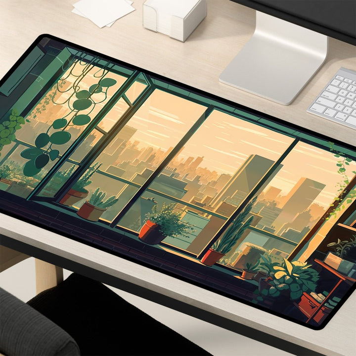 Home Decor - Depiction of a desk showcasing a large monitor that displays a tranquil cityscape at sunset, featuring skyscrapers and balconies decorated with plants. The workspace is accessorized with a keyboard, part of a computer, and enhanced by the cozy Plant Desk Mat, perfect for plant lovers seeking nature - inspired workspace decor. - Kaladyn Designs
