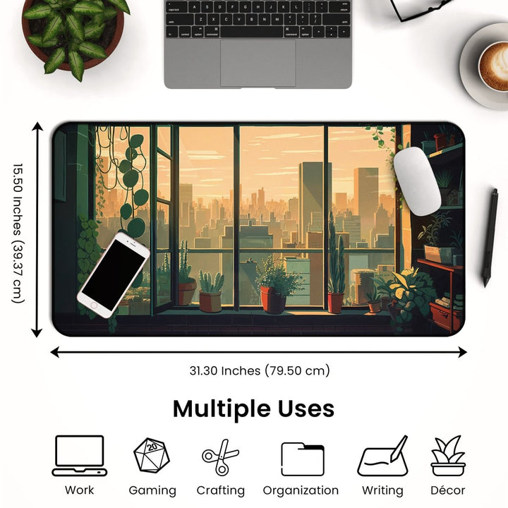 Home Decor - A desk features a spacious Plant Desk Mat, designed with nature - inspired cityscape and botanical patterns. This office desk pad accommodates a laptop, smartphone, mouse, and a cup of coffee. Accompanying text emphasizes its dimensions (31.30 x 15.50 inches) and versatile applications for work, gaming, and organization. - Kaladyn Designs