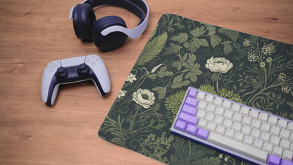 Botanical Art Nouveau Desk Mat, Cute Sage Green Floral Office Decor Keyboard Mat