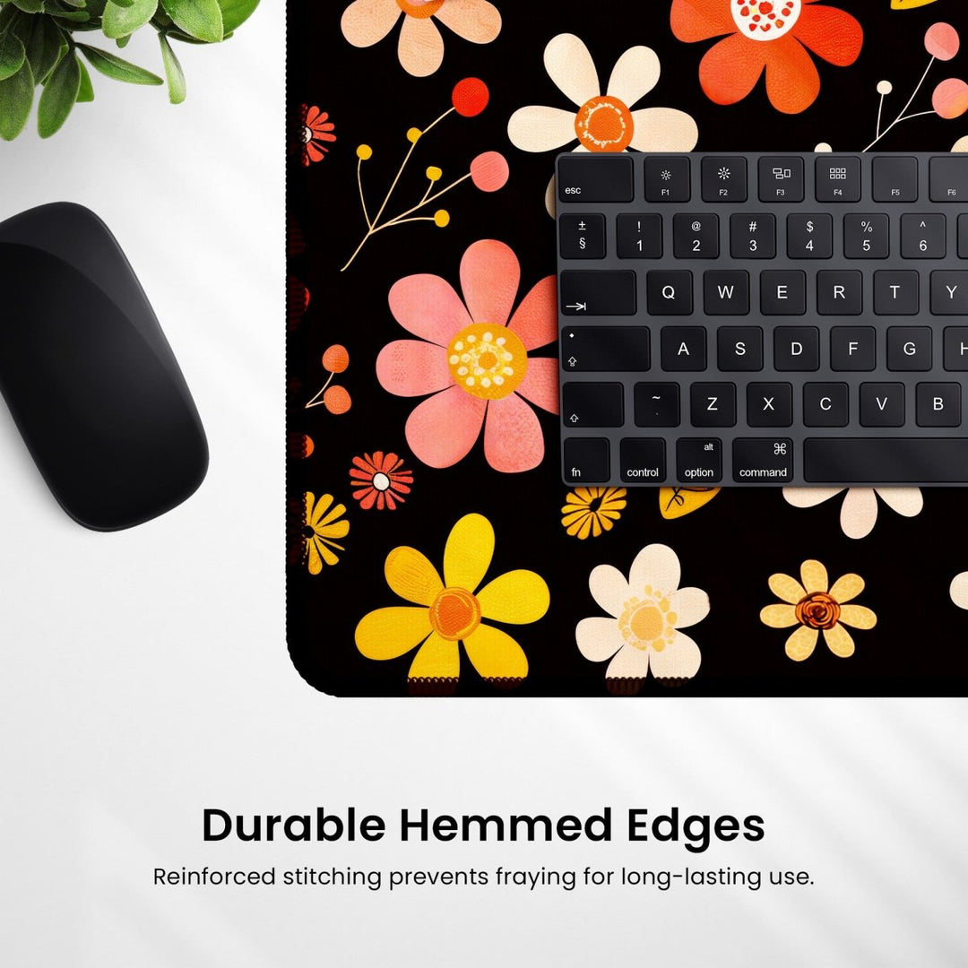 Home Decor - A corner of the Retro Floral Desk Mat – Vintage Flower Design Large Mouse Pad for Office & Gaming in black with a vintage - inspired floral pattern featuring colorful flowers and durable hemmed edges is partially covered by a keyboard. A black computer mouse sits next to it. Text below reads, "Durable Hemmed Edges and Non - slip Backing. Reinforced stitching prevents fraying for long - lasting use. - Kaladyn Designs