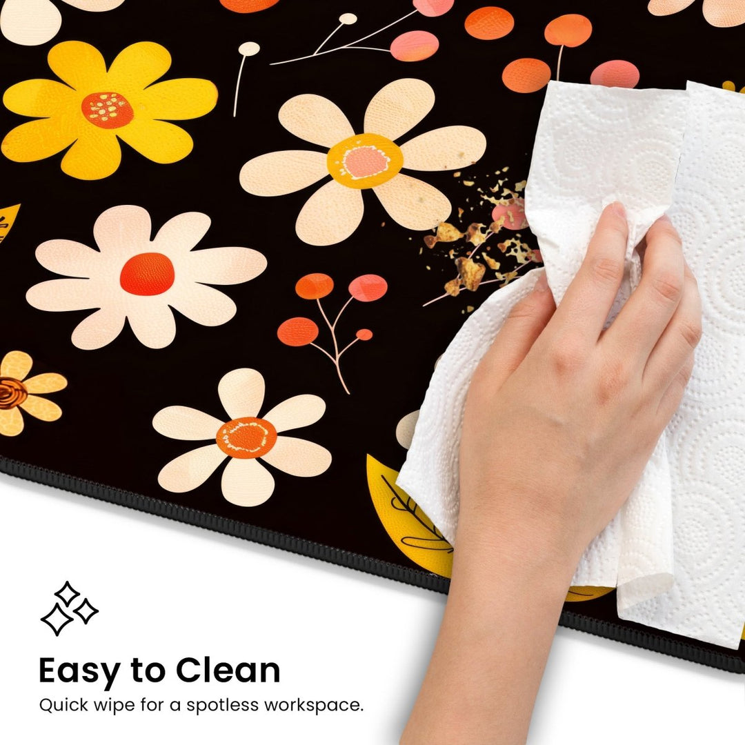 Home Decor - A hand uses a paper towel to wipe crumbs off a black surface adorned with scattered orange and white flower designs. Text in the bottom left corner reads, "Easy to Clean." Enjoy a quick wipe for a spotless workspace on this Retro Floral Desk Mat – Vintage Flower Design Large Mouse Pad for Office & Gaming. - Kaladyn Designs